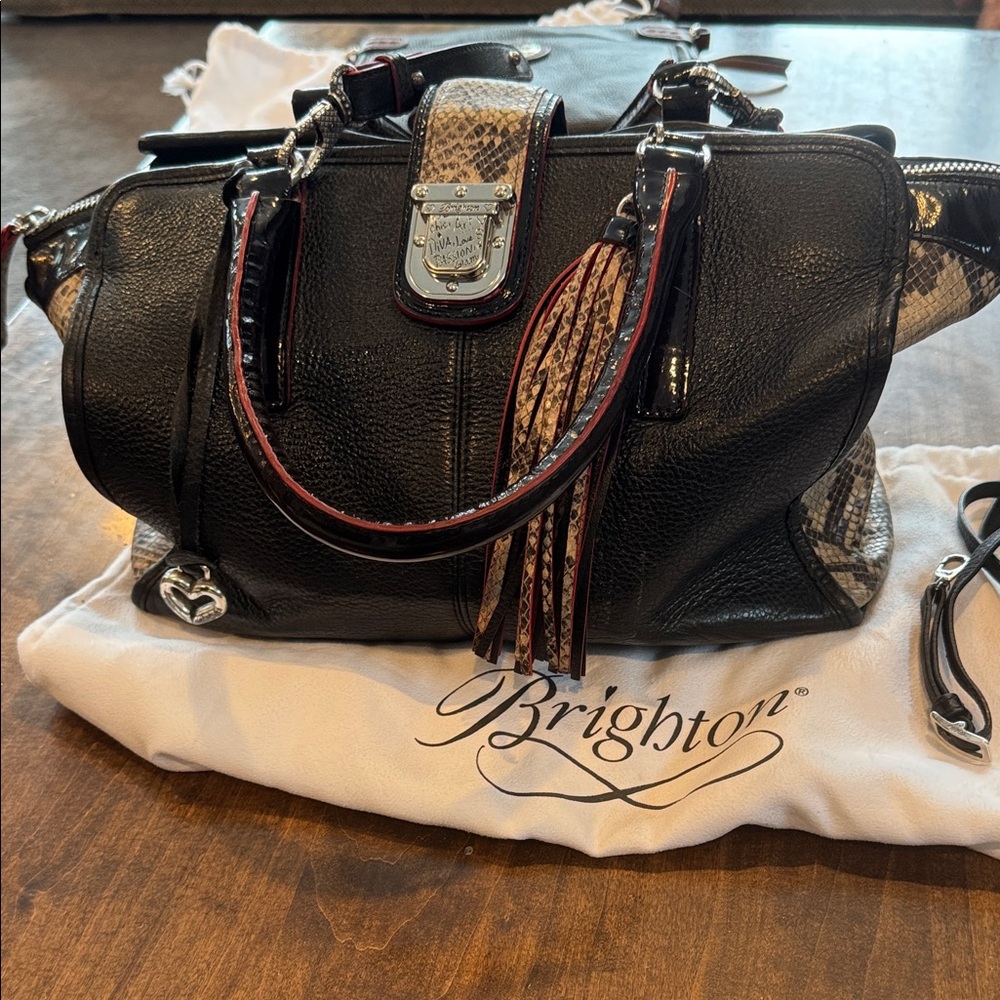 Brighton Black and Red Satchel with Snake Print Accents